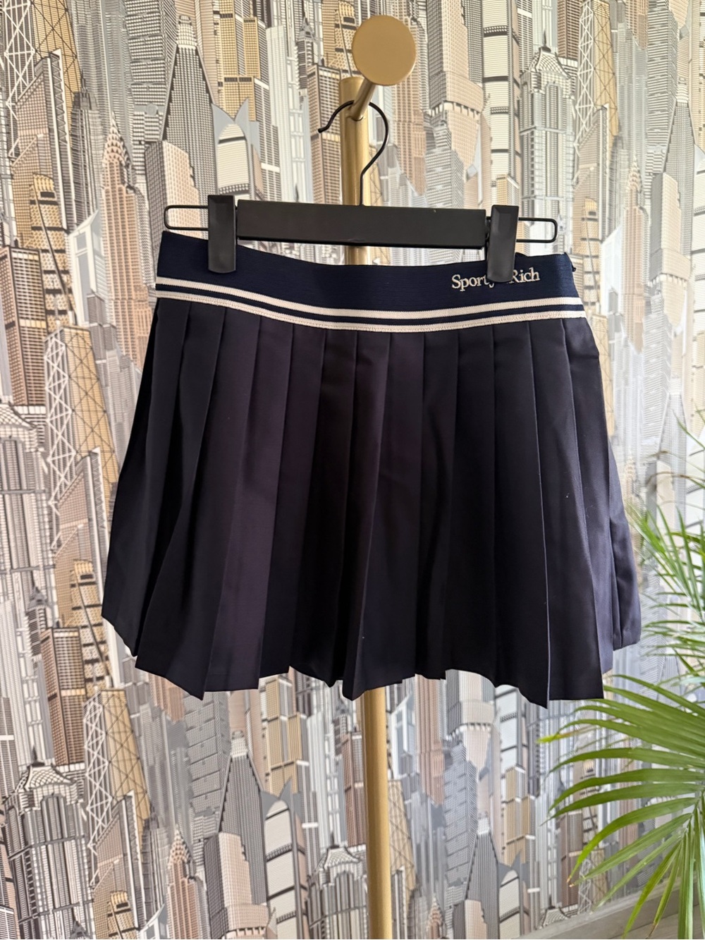 Sporty & Rich Navy Pleated Skater Skirt with Striped Waistband